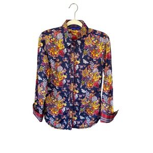 Georg Roth Los Angeles Womens Floral Butterfly Print Button Down Shirt Navy S